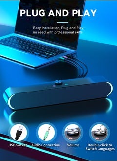 Necomi Computer Soundbar, Stereo USB Powered Wired Soundbar Speaker with Blue LED Light and 3.5 mm Audio Connection for TV Desktop Laptop PC Monitor Mobile Phone  - Image 2