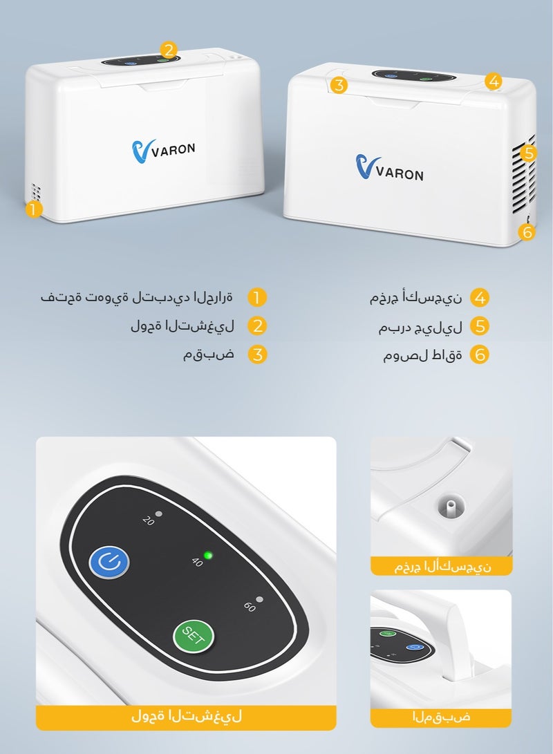 فارون مكثف الأكسجين المحمول، جهاز أكسجين صغير، آلة أكسجين محمولة مستمرة غير قابلة للتعديل 3 لتر مع بطارية قابلة لإعادة الشحن، مولد أكسجين محمول منخفض الضوضاء - Image 3