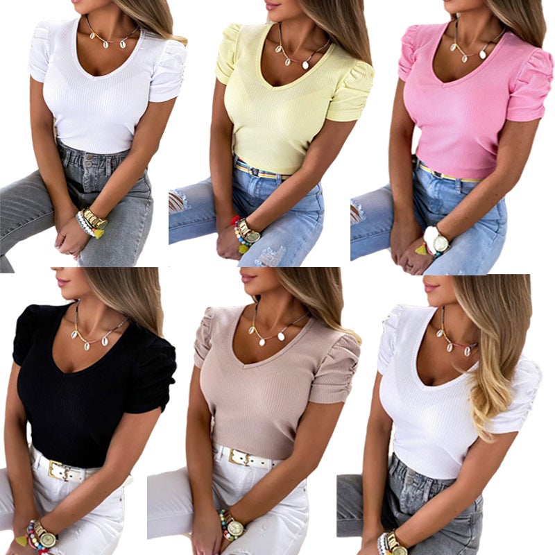Spot Summer Export Women'S Pullover Elastic Threaded Puff Sleeve Short-Sleeved V Neck T-Shirt For Women - Image 4