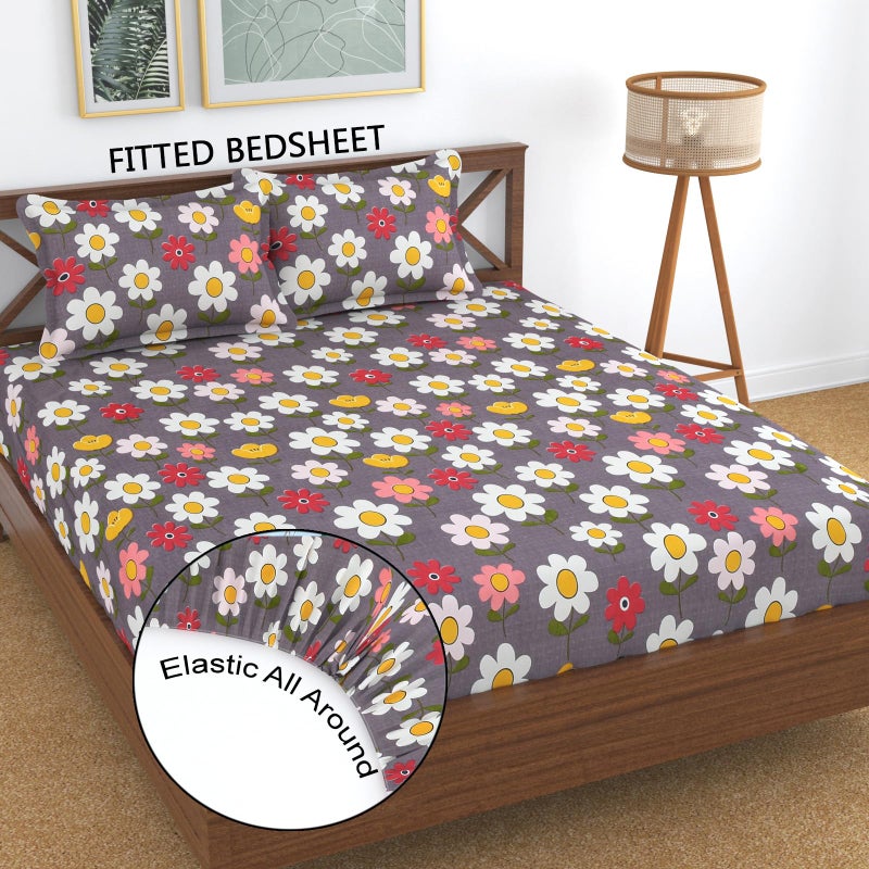 TARAIN COLLECTION Cotton Perfect Fitted Bedsheets with 2 Pillow Covers | King Size| Double Bed with All Around Elastic 180 TC |Size-78" x 72" +10" | Floral (Multicolour, Pink & Grey) - Image 4