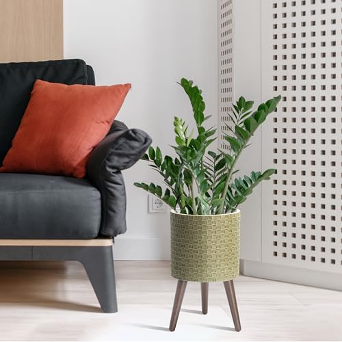 D'vine Dev 10 Inch Modern Geometric Tile Patterned Sleek Planter Pot with Stand, Indoor Outdoor Decorative Plant Holder, Distressed Olive, 88-Z-B-4 - Image 2