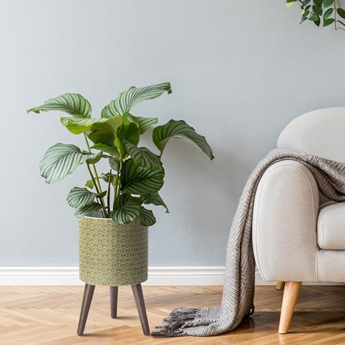 D'vine Dev 10 Inch Modern Geometric Tile Patterned Sleek Planter Pot with Stand, Indoor Outdoor Decorative Plant Holder, Distressed Olive, 88-Z-B-4 - Image 5