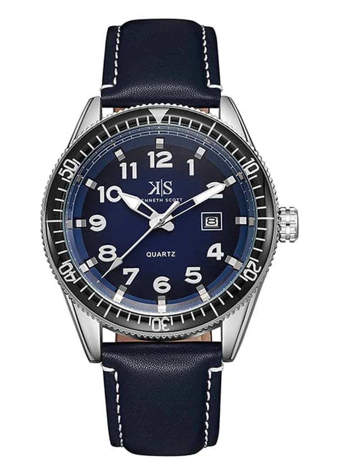 KENNETH SCOTT Kenneth Scott K23028-SLNN Men's Analog Display Watch & Leather Strap Blue