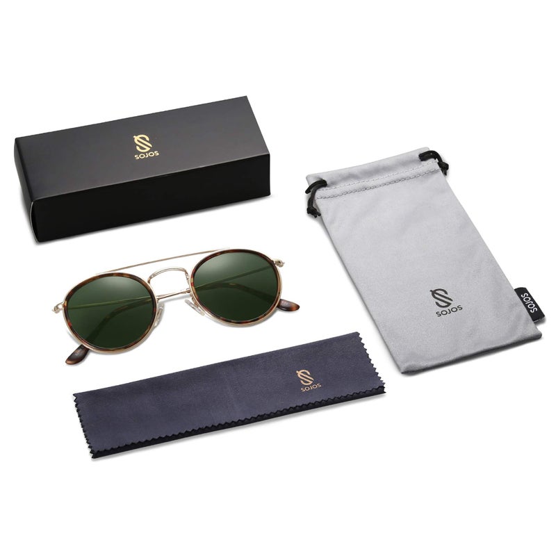 SOJOS Retro Vintage Round Polarized Sunglasses for Women Men Small Double Bridge Circle Sunnies SJ1104, Brown Tortoise/Green - Image 5
