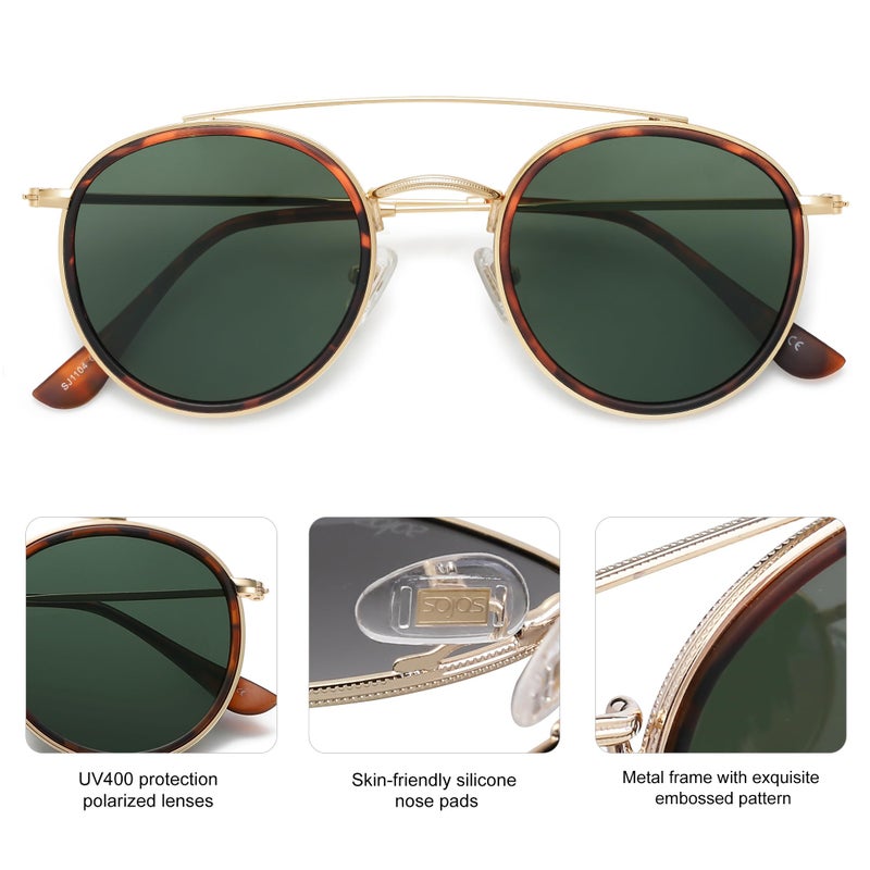 SOJOS Retro Vintage Round Polarized Sunglasses for Women Men Small Double Bridge Circle Sunnies SJ1104, Brown Tortoise/Green - Image 3
