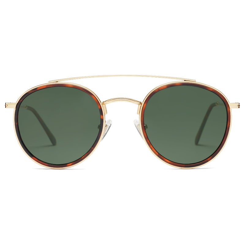 SOJOS Retro Vintage Round Polarized Sunglasses for Women Men Small Double Bridge Circle Sunnies SJ1104, Brown Tortoise/Green - Image 1