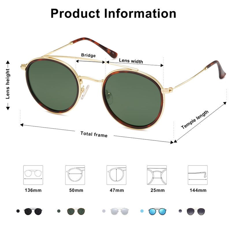 SOJOS Retro Vintage Round Polarized Sunglasses for Women Men Small Double Bridge Circle Sunnies SJ1104, Brown Tortoise/Green - Image 4