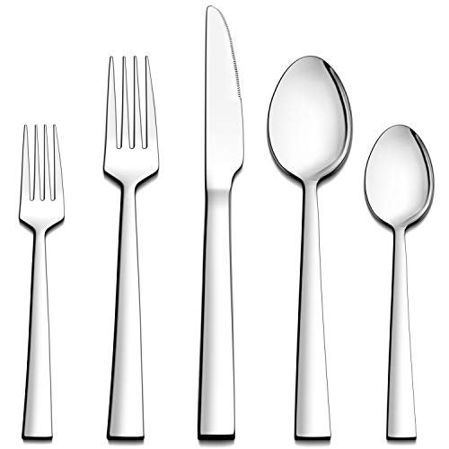 LIANYU 60-Piece Silverware Set, Stainless Steel Square Flatware Cutlery Set for 12, Eating Utensils Tableware, Mirror Finish, Dishwasher Safe - Image 1
