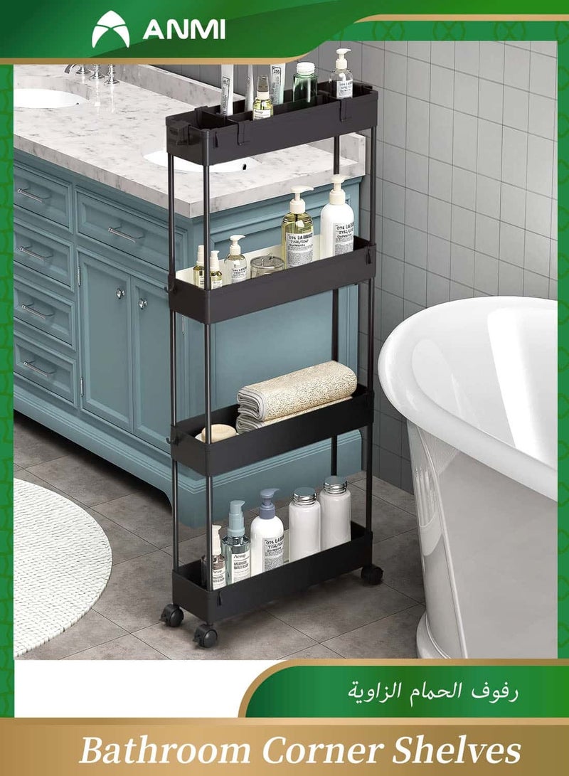 Anmi Slim Storage Cart 4 Tier,Bathroom Organizer Rolling Utility,Mobile Shelving Unit Slide Out for Office, Kitchen, Laundry Room & Narrow Places,Black - Image 1