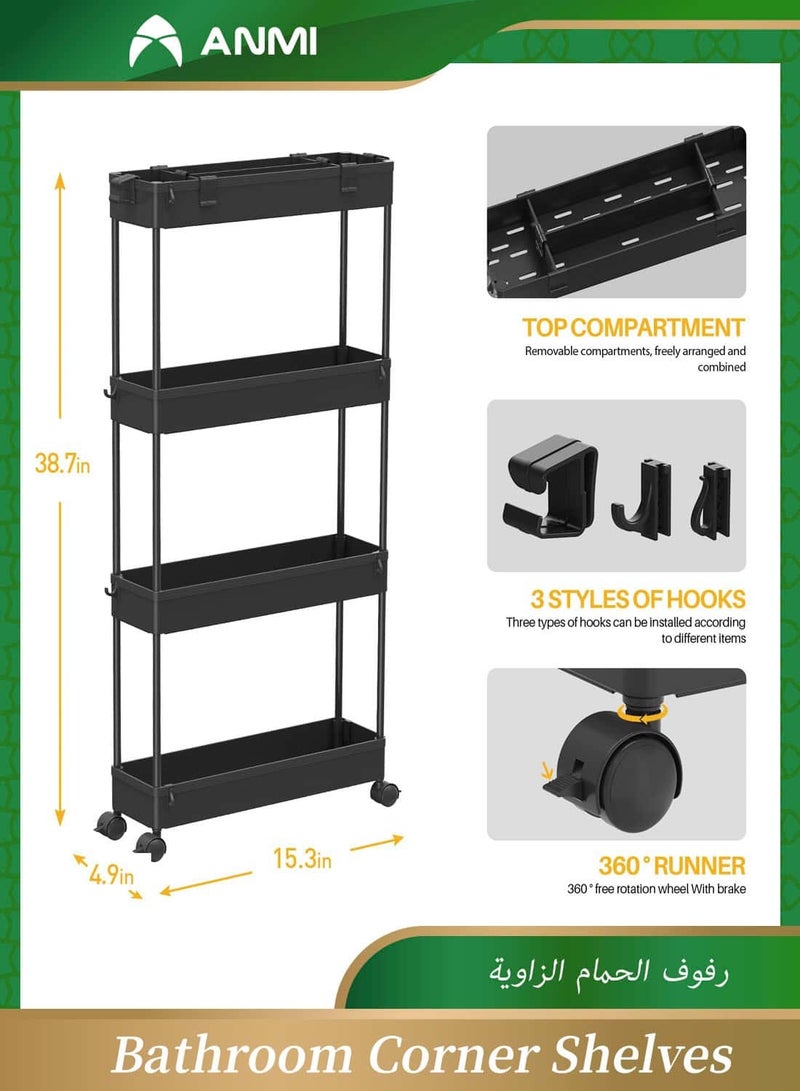 Anmi Slim Storage Cart 4 Tier,Bathroom Organizer Rolling Utility,Mobile Shelving Unit Slide Out for Office, Kitchen, Laundry Room & Narrow Places,Black - Image 4