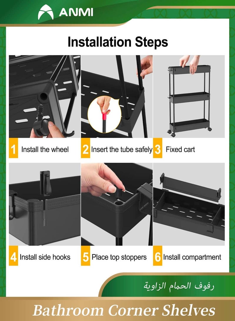 Anmi Slim Storage Cart 4 Tier,Bathroom Organizer Rolling Utility,Mobile Shelving Unit Slide Out for Office, Kitchen, Laundry Room & Narrow Places,Black - Image 5