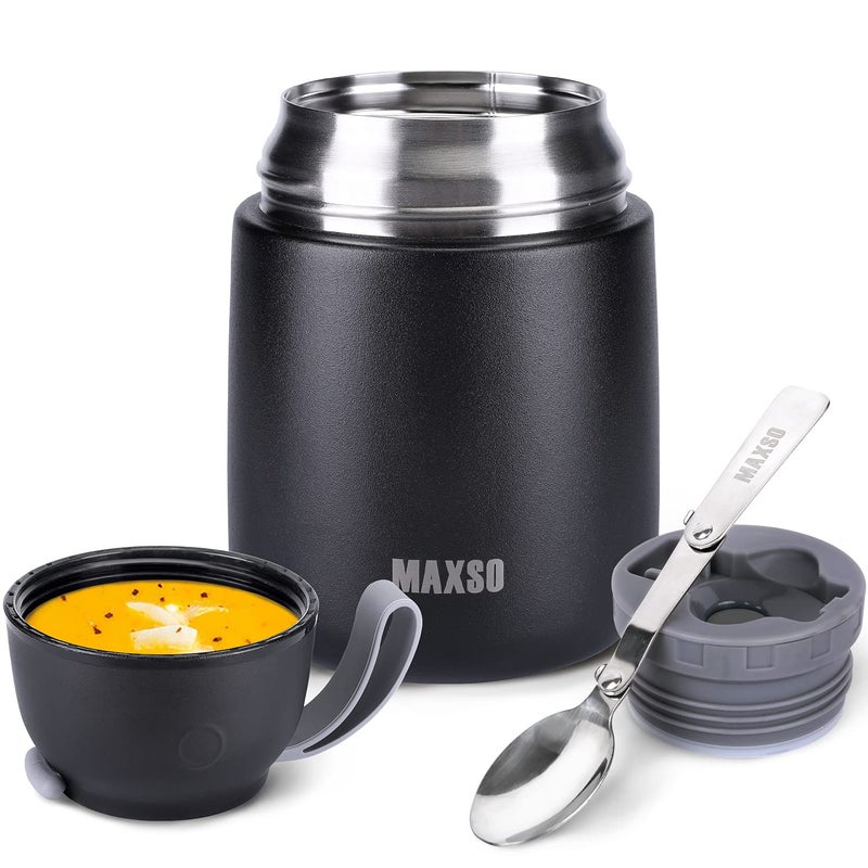 MAXSO Soup Thermo for Hot & Cold Food for Adults Kids, 17 oz Vacuum Insulated Steel Lunch Container Bento Box with Spoon, Leakproof Thermal Food Jar for School Office Travel - Black - Image 1