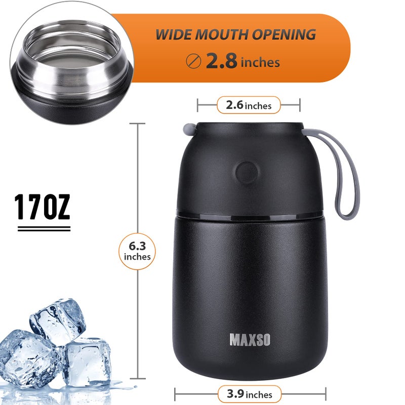 MAXSO Soup Thermo for Hot & Cold Food for Adults Kids, 17 oz Vacuum Insulated Steel Lunch Container Bento Box with Spoon, Leakproof Thermal Food Jar for School Office Travel - Black - Image 4