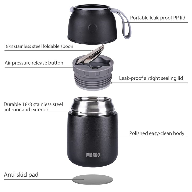 MAXSO Soup Thermo for Hot & Cold Food for Adults Kids, 17 oz Vacuum Insulated Steel Lunch Container Bento Box with Spoon, Leakproof Thermal Food Jar for School Office Travel - Black - Image 2