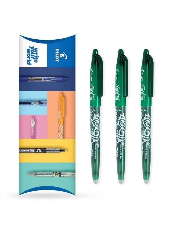 PILOT Frixion Heat/Friction Erasable Rollerball Pen FR7 - Medium Line 0.7mm Tip Nib - Wallet Pack of 3 (Green)  - Image 1