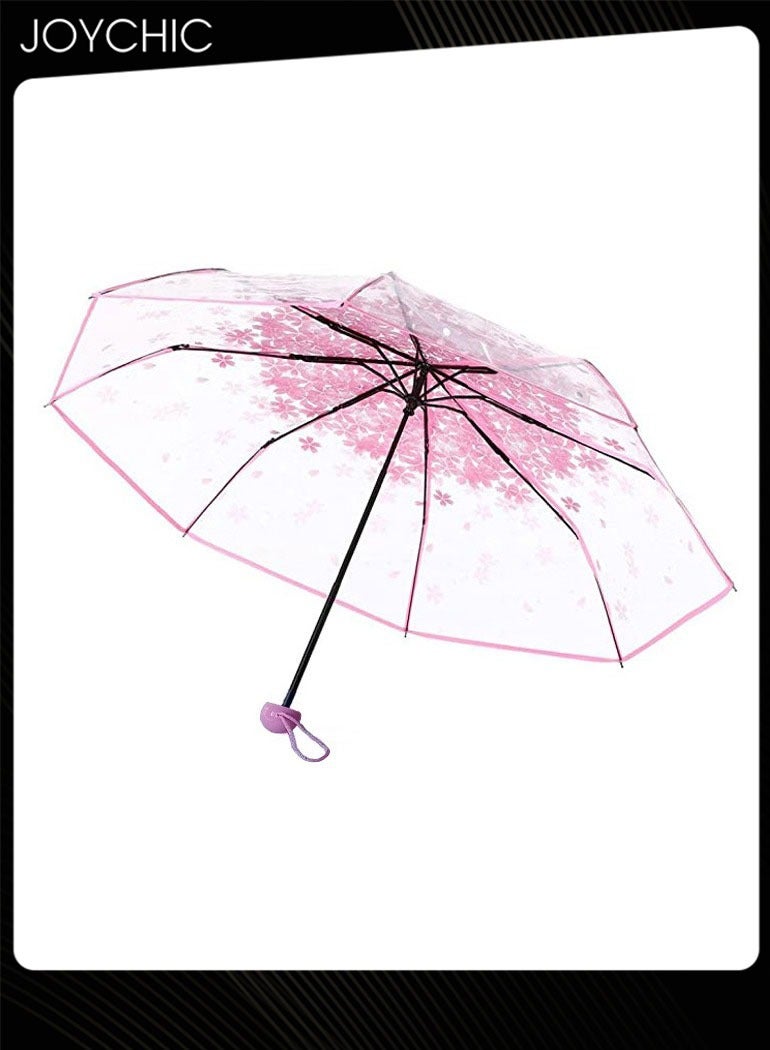 Stylish Three Fold Clear Transparent Print Sunshade Rain Umbrella For Gils Ladies Women Pink
