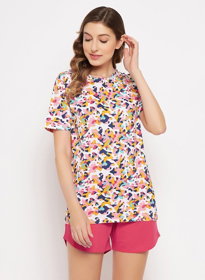 Clovia Print Me Pretty Top in Multicolour & Chic Basic Shorts in Ruby Pink - 100% Cotton - Image 2