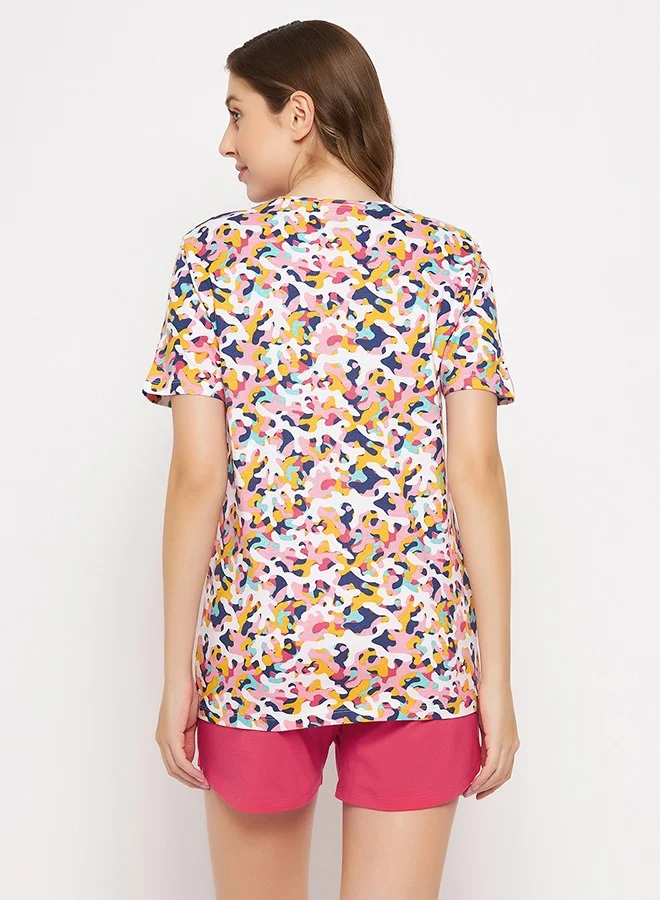 Clovia Clovia Print Me Pretty Top in Multicolour & Chic Basic Shorts in Ruby Pink - 100% Cotton