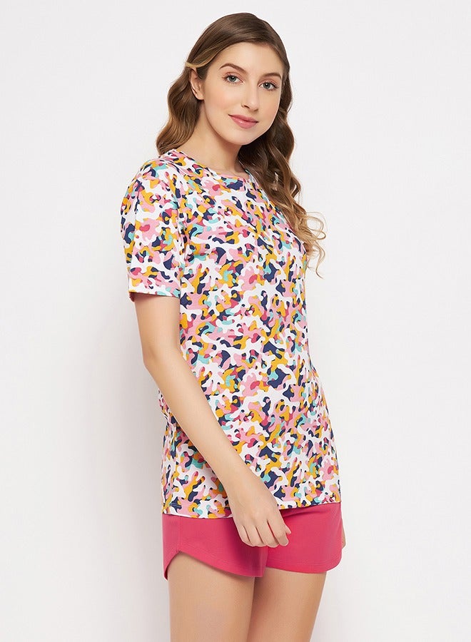 Clovia Print Me Pretty Top in Multicolour & Chic Basic Shorts in Ruby Pink - 100% Cotton - Image 4