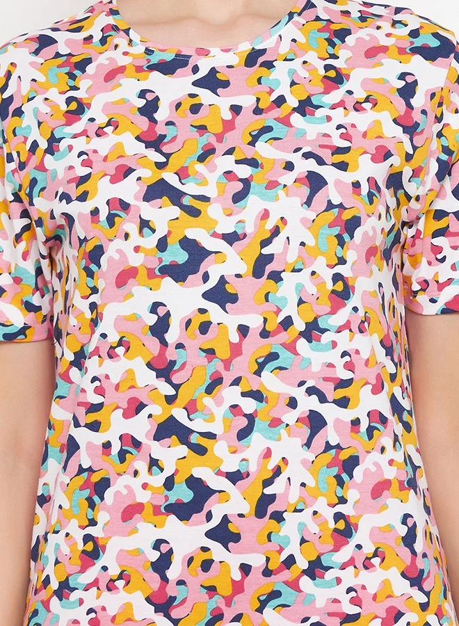 Clovia Clovia Print Me Pretty Top in Multicolour & Chic Basic Shorts in Ruby Pink - 100% Cotton
