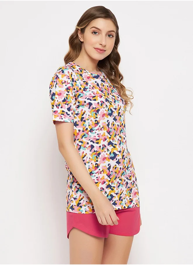 Clovia Clovia Print Me Pretty Top in Multicolour & Chic Basic Shorts in Ruby Pink - 100% Cotton