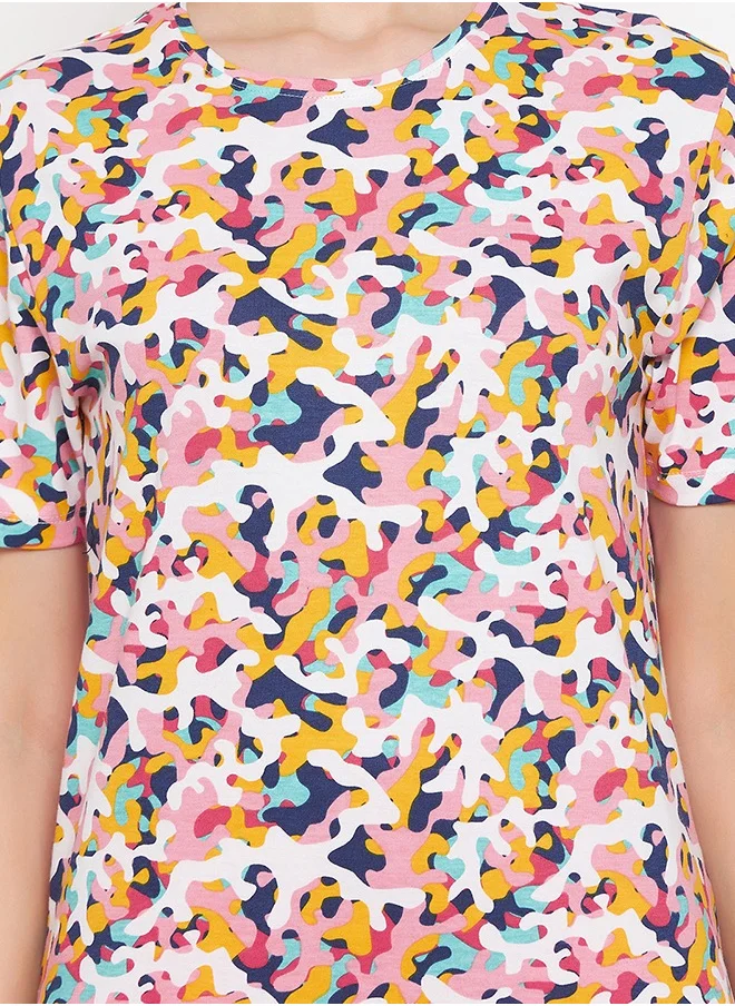Clovia Clovia Print Me Pretty Top in Multicolour & Chic Basic Shorts in Ruby Pink - 100% Cotton