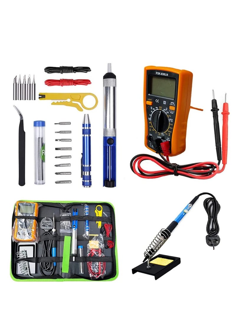 Soldering Iron Kit 60W Adjustable Temperature Welding Tool, Digital Multimeter, 2pcs Soldering Iron Tips, Desoldering Pump, Wire Stripper Cutter, Tweezers, Iron Stand, 2pcs Electronic Wire  - Image 1
