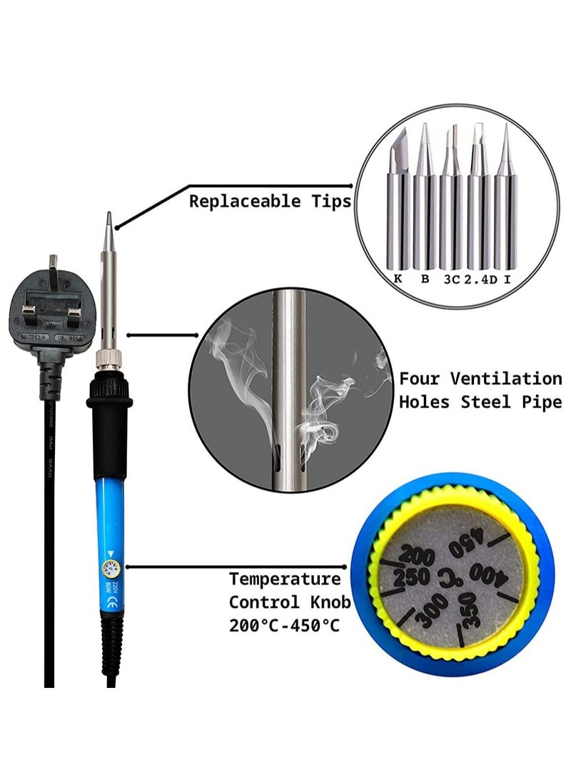 Soldering Iron Kit 60W Adjustable Temperature Welding Tool, Digital Multimeter, 2pcs Soldering Iron Tips, Desoldering Pump, Wire Stripper Cutter, Tweezers, Iron Stand, 2pcs Electronic Wire  - Image 3