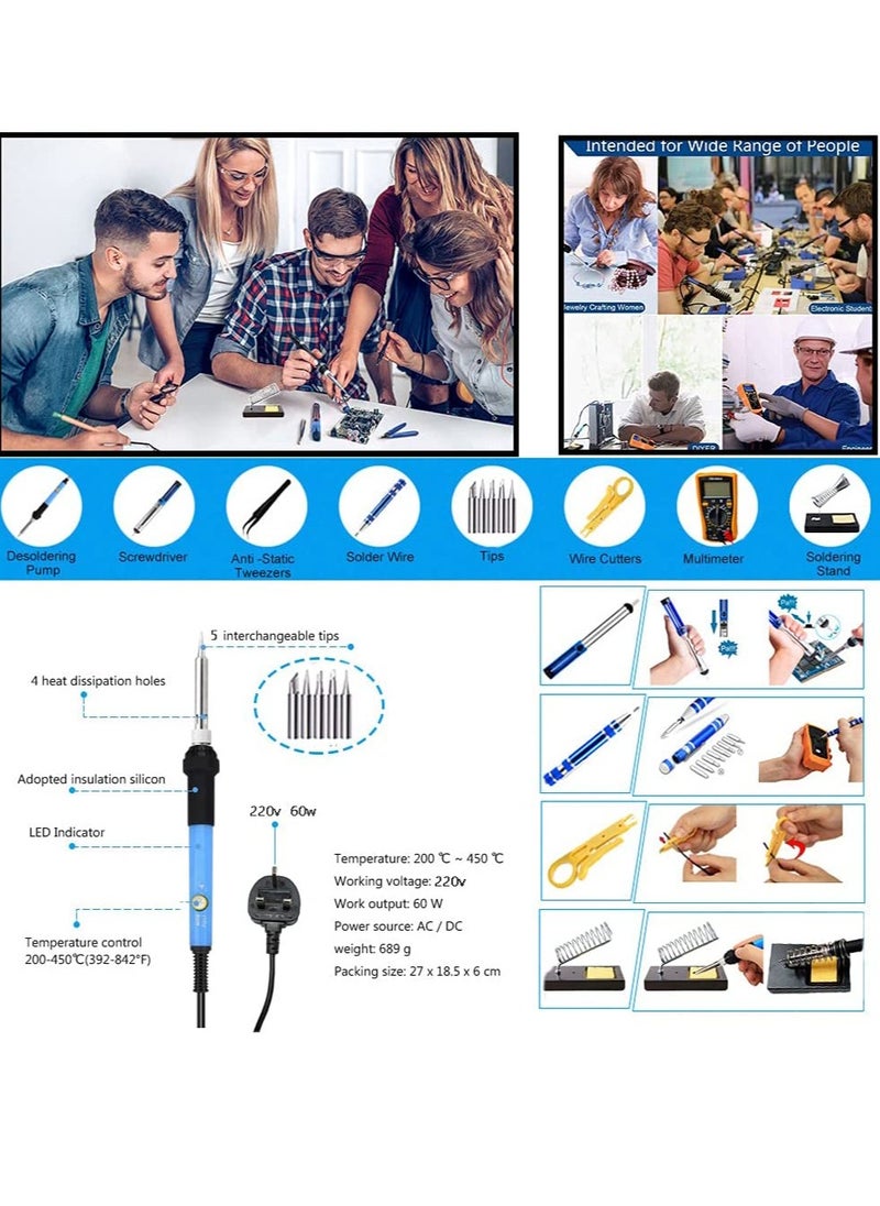 Soldering Iron Kit 60W Adjustable Temperature Welding Tool, Digital Multimeter, 2pcs Soldering Iron Tips, Desoldering Pump, Wire Stripper Cutter, Tweezers, Iron Stand, 2pcs Electronic Wire  - Image 4