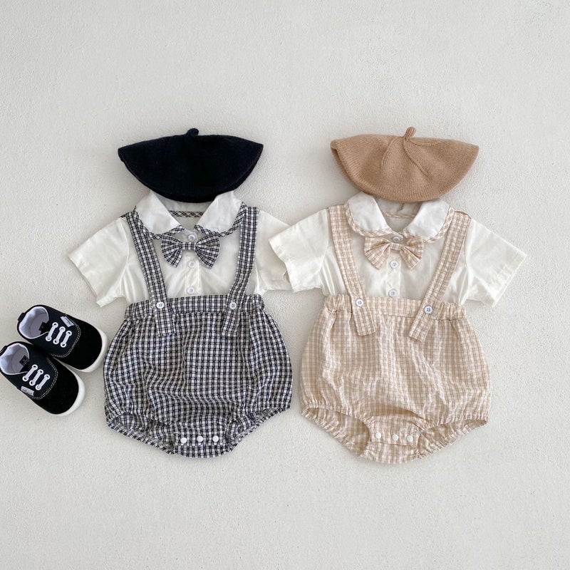 ins Summer Clothes Baby and Young Children's One-piece Clothes for Boys and Girls Baby Doll Collar Plaid Fake Two-piece Triangle Ha-ha Clothes Climbing - Image 2