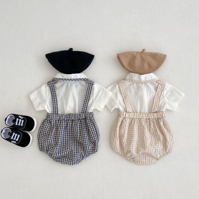 ins Summer Clothes Baby and Young Children's One-piece Clothes for Boys and Girls Baby Doll Collar Plaid Fake Two-piece Triangle Ha-ha Clothes Climbing - Image 4
