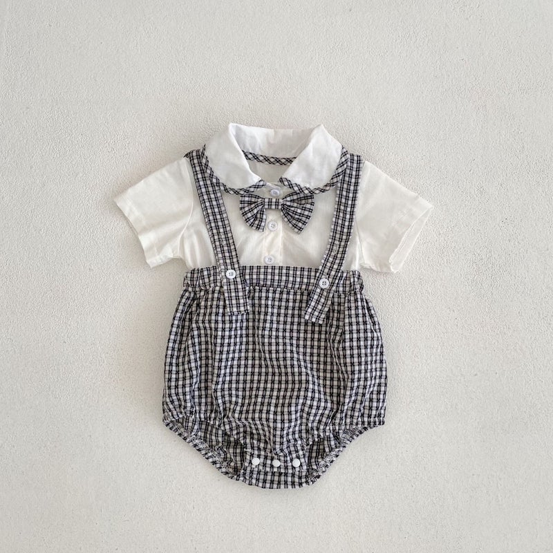ins Summer Clothes Baby and Young Children's One-piece Clothes for Boys and Girls Baby Doll Collar Plaid Fake Two-piece Triangle Ha-ha Clothes Climbing - Image 5