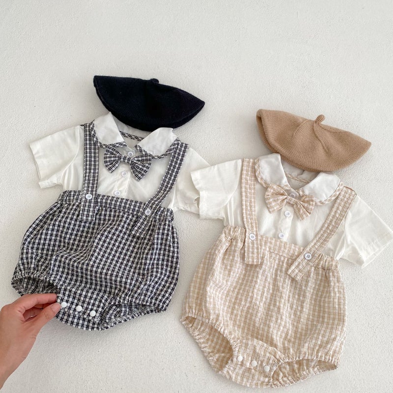 ins Summer Clothes Baby and Young Children's One-piece Clothes for Boys and Girls Baby Doll Collar Plaid Fake Two-piece Triangle Ha-ha Clothes Climbing - Image 3