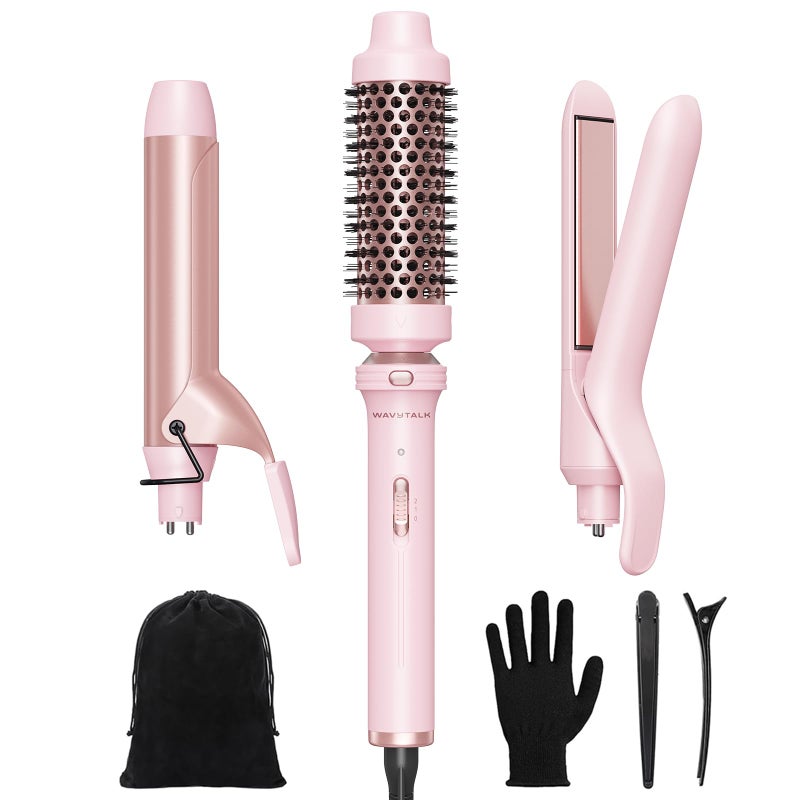 Wavytalk 3 in 1 Curling Wand Set, Multi Curl, Curling Iron Set with Heated Round Brush, Flat Iron Hair Straightener, 1 1/4 inch Curling Iron, Dual Voltage Hair Curler(Pink) - Image 1