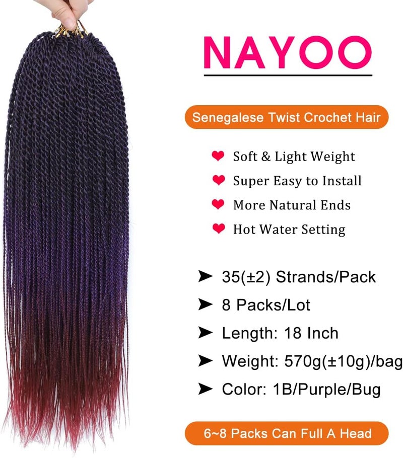 NAYOO Purple Crochet Senegalese Twist, 18 Inch 8 Packs Small Twist Crochet Hair, 35 Strands/Pack Braids, Hot Water Setting (18 Inch, 1B/Purple/Bug) - Image 4
