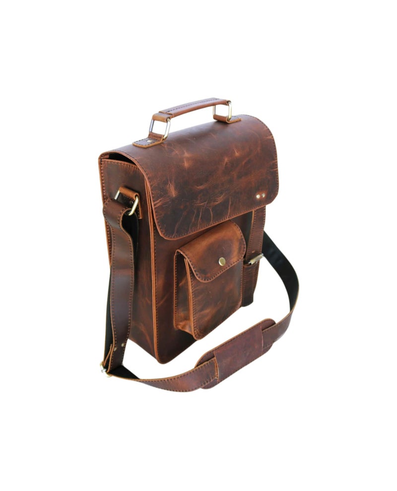 jaald 13" Dark leather messenger bag laptop case office briefcase gift for men computer distressed shoulder bag - Image 4