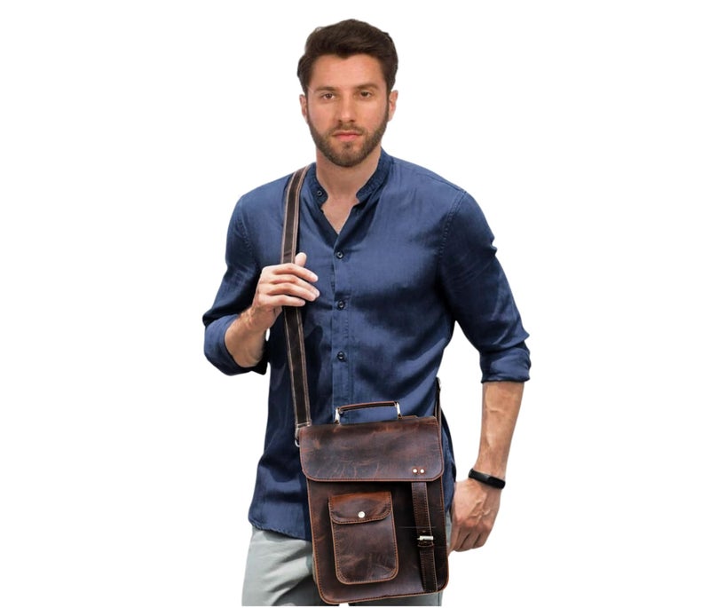 jaald 13" Dark leather messenger bag laptop case office briefcase gift for men computer distressed shoulder bag - Image 2