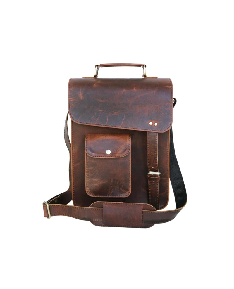 jaald 13" Dark leather messenger bag laptop case office briefcase gift for men computer distressed shoulder bag - Image 3