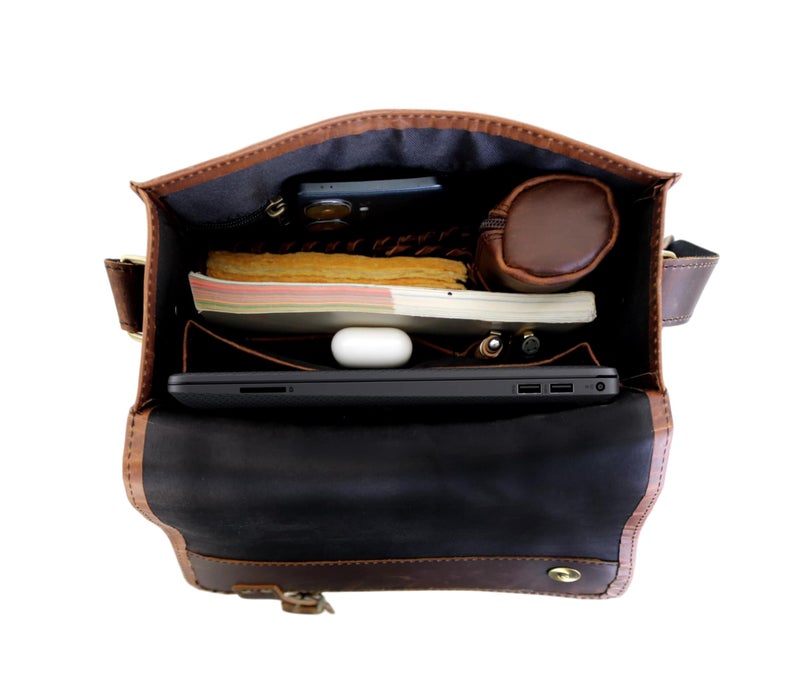 jaald 13" Dark leather messenger bag laptop case office briefcase gift for men computer distressed shoulder bag - Image 5