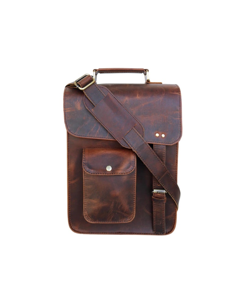 jaald 13" Dark leather messenger bag laptop case office briefcase gift for men computer distressed shoulder bag - Image 1