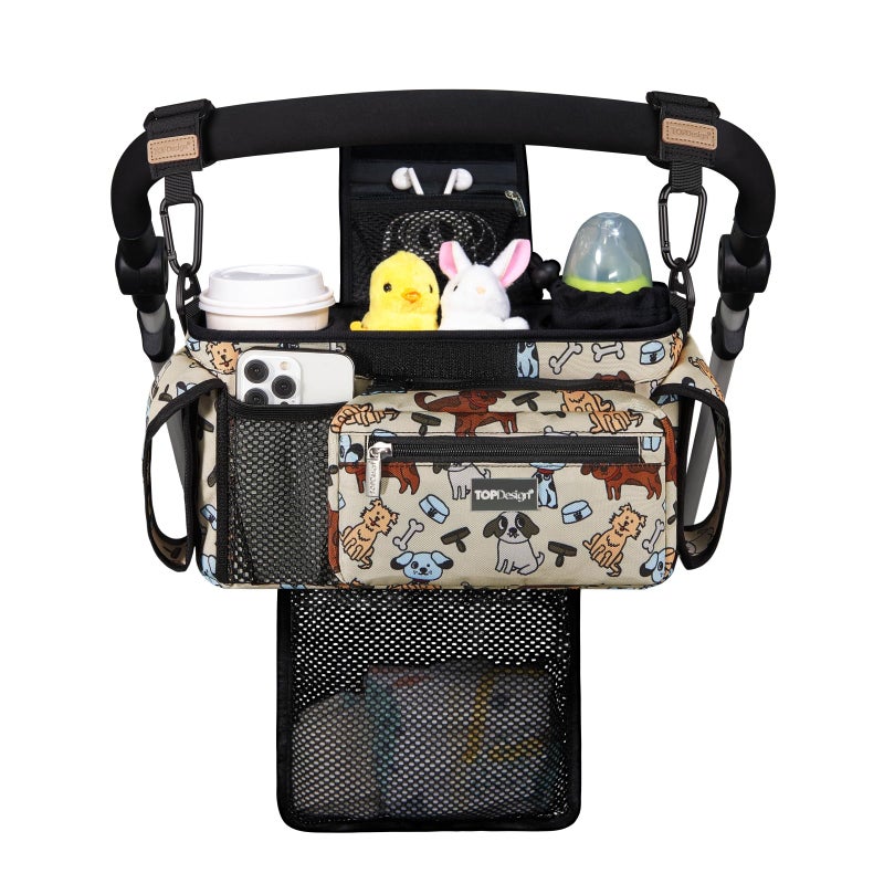 TOPDesign Universal Baby Stroller Organizer Stroller Caddy with Detachable Mesh Bag Heightened Insulated Cup Holders NonSlip Secure Hooks Accessories Fits Most Strollers Dogs - Image 2