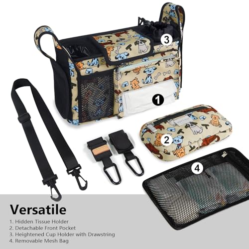 TOPDesign Universal Baby Stroller Organizer Stroller Caddy with Detachable Mesh Bag Heightened Insulated Cup Holders NonSlip Secure Hooks Accessories Fits Most Strollers Dogs - Image 3