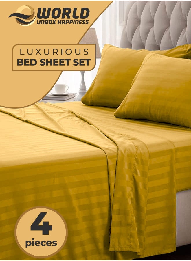 Eworld 4-Piece Luxury King Size Gold Striped Bedding Set Includes 1 Duvet Cover (220x240cm), 1 Fitted Bed Sheet (200x200+30cm), and 2 Pillow Cases (48x74+5cm) for Ultimate Hotel-Inspired Sophistication  - Image 1