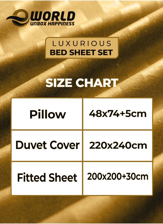 Eworld 4-Piece Luxury King Size Gold Striped Bedding Set Includes 1 Duvet Cover (220x240cm), 1 Fitted Bed Sheet (200x200+30cm), and 2 Pillow Cases (48x74+5cm) for Ultimate Hotel-Inspired Sophistication  - Image 2