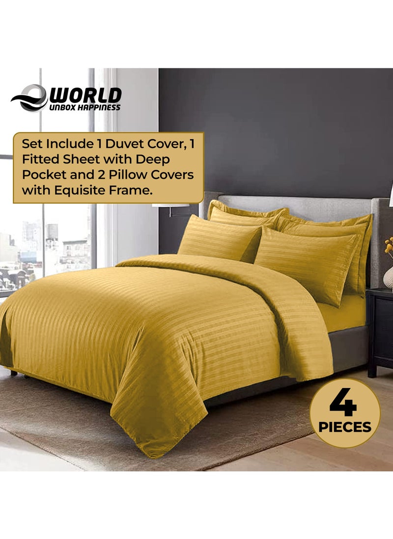 Eworld 4-Piece Luxury King Size Gold Striped Bedding Set Includes 1 Duvet Cover (220x240cm), 1 Fitted Bed Sheet (200x200+30cm), and 2 Pillow Cases (48x74+5cm) for Ultimate Hotel-Inspired Sophistication  - Image 4