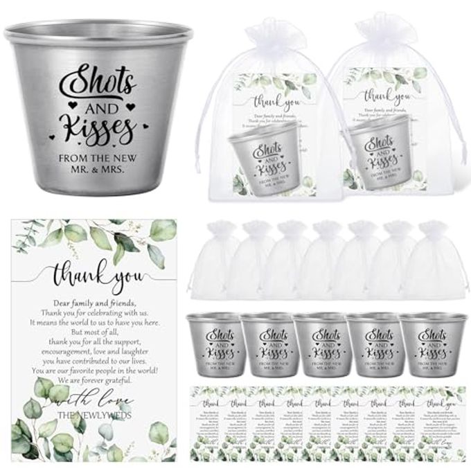 Uiifan 50 Set Wedding Favors for Guests 1.5 oz Shot Glasses with Gift Cards Bags Thank You Souvenirs for Wedding Party, Stainless Steel Cups (Shots and Kisses)