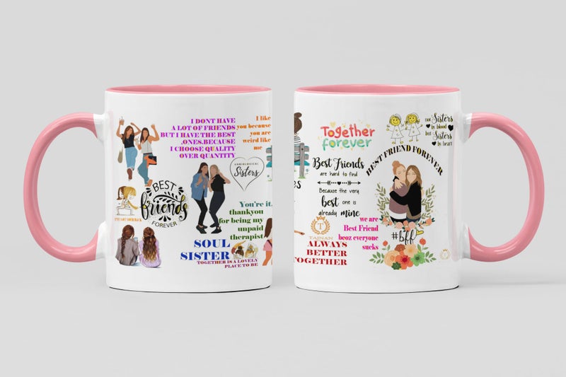 TAJNAN Best Friend Coffee Mug BFF Quotes Printed Ceramic Cup White with Pink Handle 350 Ml - Image 1