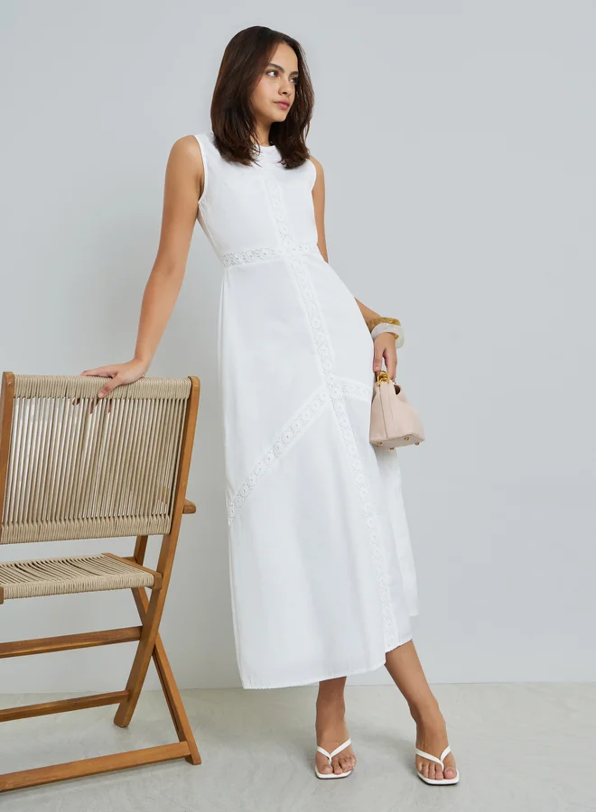Styli White Self-Design Sleeveless A-Line Maxi Dress