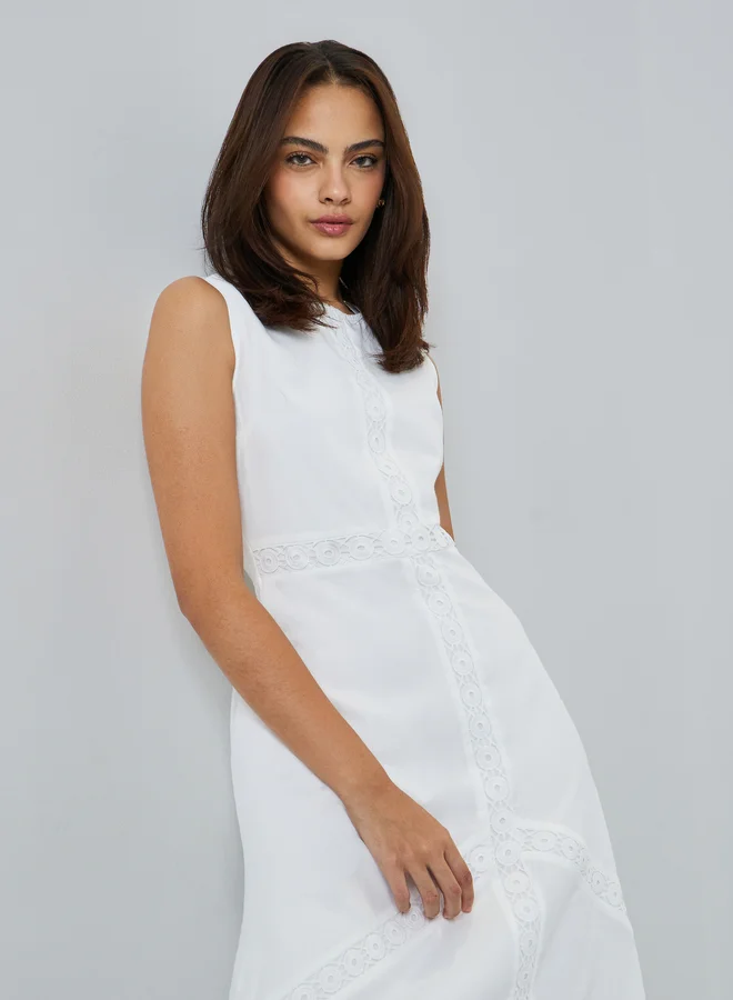 Styli White Self-Design Sleeveless A-Line Maxi Dress