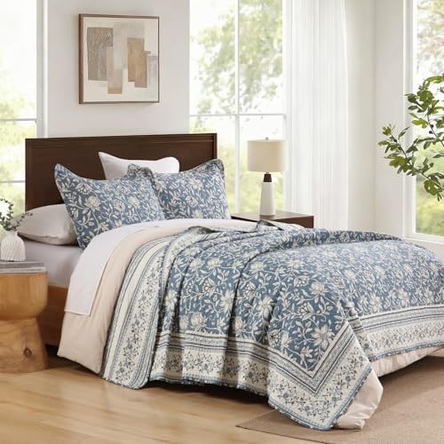 PANGUSHAN Quilt Set Queen Size - 100% Cotton Queen Comforter Set, Floral Vintage Bedspread with 2 Pillow Shams, Reversible Lightweight Bedding, Queen Bed Spread for All Season, Grayish-Blue/White - Image 3